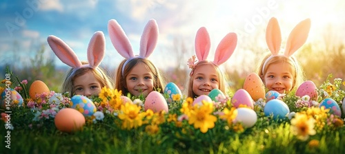 Obraz na płótnie Easter Celebration with Children and Bunny Ears Preparing for Holiday Fun w salonie