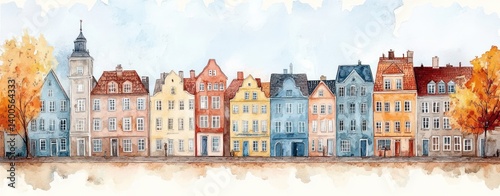 Obraz na płótnie Charming European Townhouses Watercolor Landscape Dreamy Morning Light w salonie