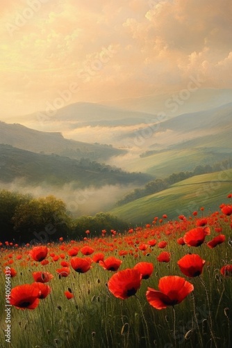 Obraz na płótnie Vibrant Red Poppies in a Dreamy Landscape During Golden Afternoon Light w salonie