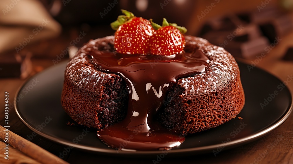 Chocolate lava cake with molten chocolate center, gooey chocolate flowing out from the cake
