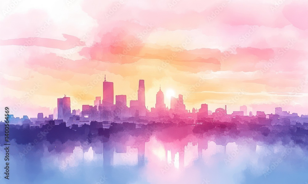 Dreamy Cityscape Watercolor Sunrise Silhouette