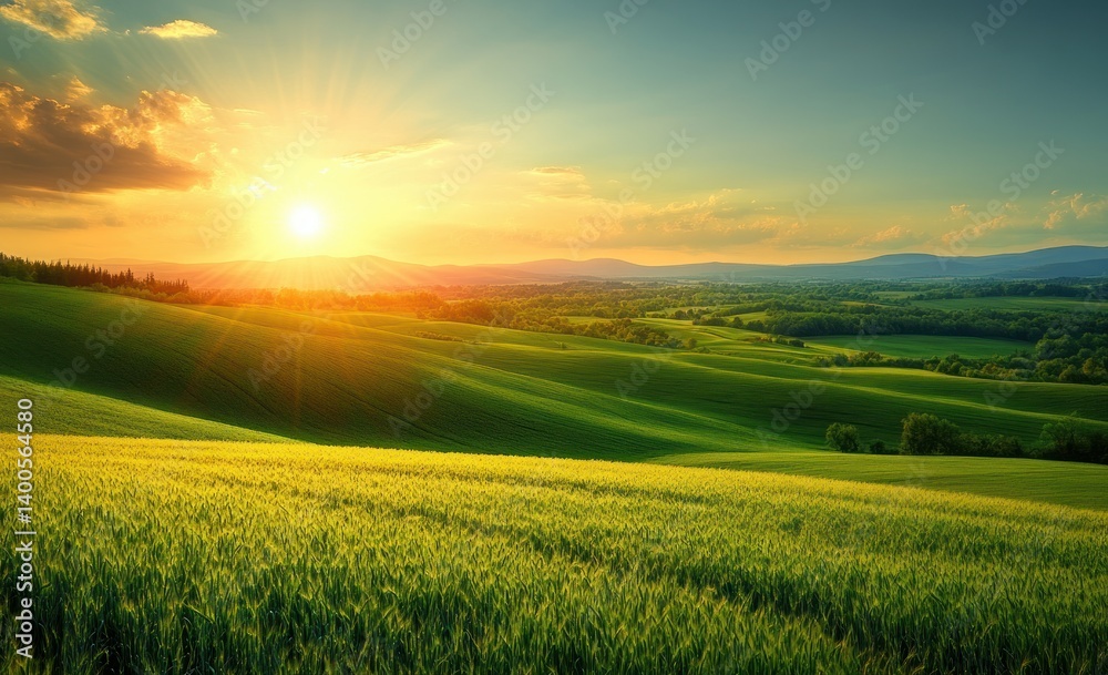 serene landscape rolling green fields sunset rural countryside