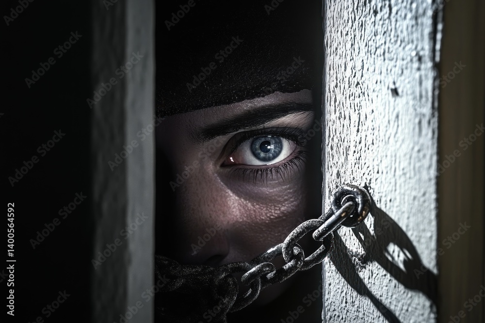 Burglar Peeking Through Chained Door with Torch in Film Noir Scene