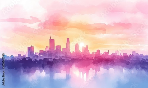 Obraz na płótnie Dreamy Cityscape Watercolor Sunrise Silhouette w salonie