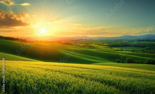 Obraz na płótnie serene landscape rolling green fields sunset rural countryside w salonie
