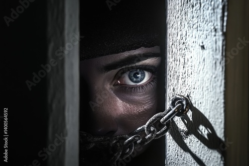 Obraz na płótnie Burglar Peeking Through Chained Door with Torch in Film Noir Scene w salonie