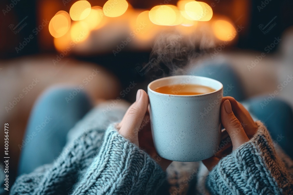 Couple enjoying tea and hot drinks together on a cozy couch watching television in warm woolen socks during winter