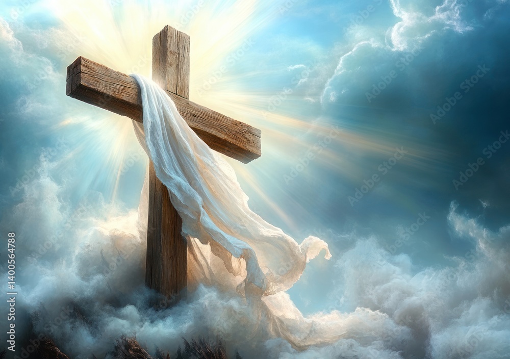 Christian Cross Surrounded by Clouds and Light Symbolizing Life and Resurrection in Spiritual Faith