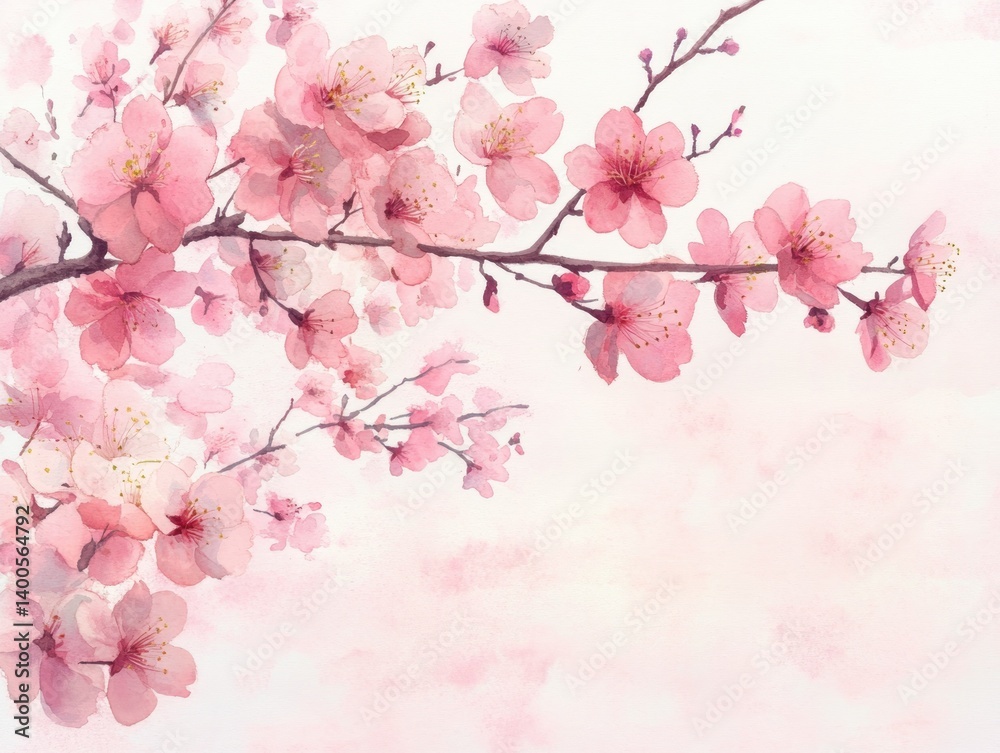 Cherry Blossom Watercolor Illustration Pastel Hues Minimalist Composition Morning Light