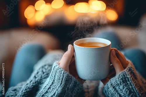 Obraz na płótnie Couple enjoying tea and hot drinks together on a cozy couch watching television in warm woolen socks during winter w salonie