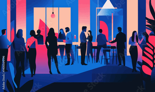 Corporate Social Event Vector with Employees and Customers Mingling in Minimalist Style