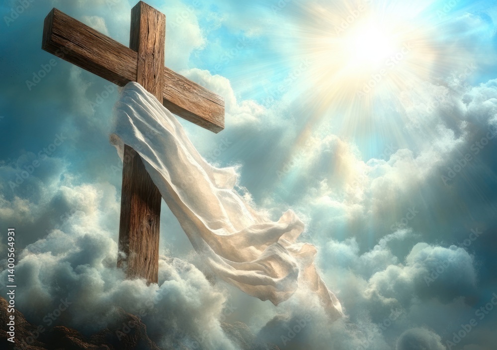 Cross with White Cloth in Clouds Depicting Resurrection and Life After Death