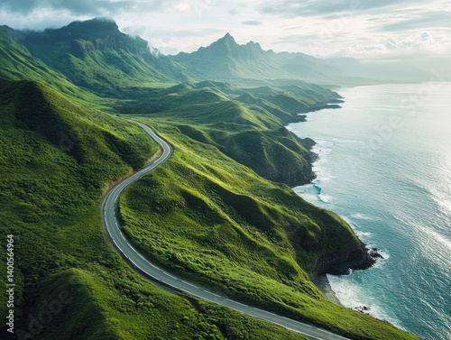 Obraz na płótnie Aerial view of winding coastal road through lush green hills in serene morning light w salonie