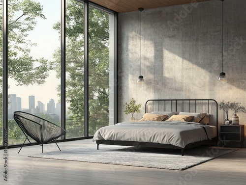 Obraz na płótnie Modern Minimalist Loft Bedroom with Large Windows and Scandinavian Design w salonie