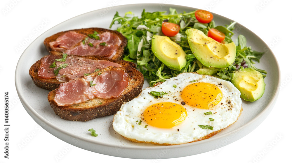Delicious breakfast plate with eggs, ham, and fresh salad Delicious breakfast plate with eggs, ham, and fresh salad