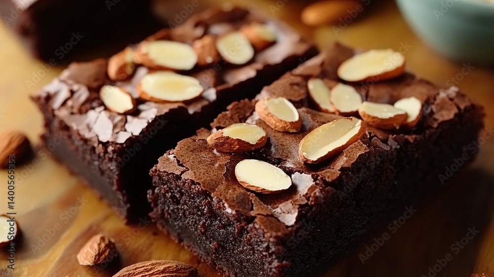 1Rich chocolate brownies with a dense fudge texture, topped with sliced almonds
