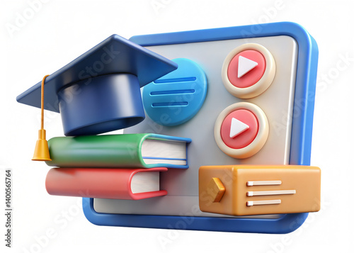 A 3D icon representing an e-learning platform with a play button and course list. Isolated on a white background, perfect for digital education and online learning themes.