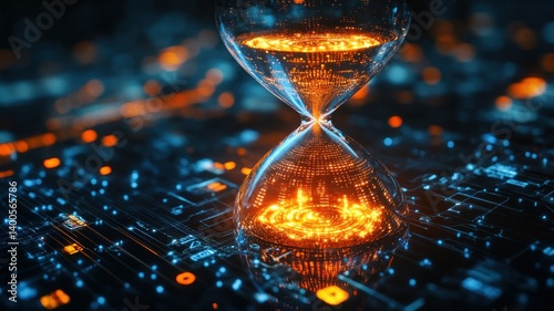 Abstract hourglass with digital circuits and glowing elements on a dark base.
