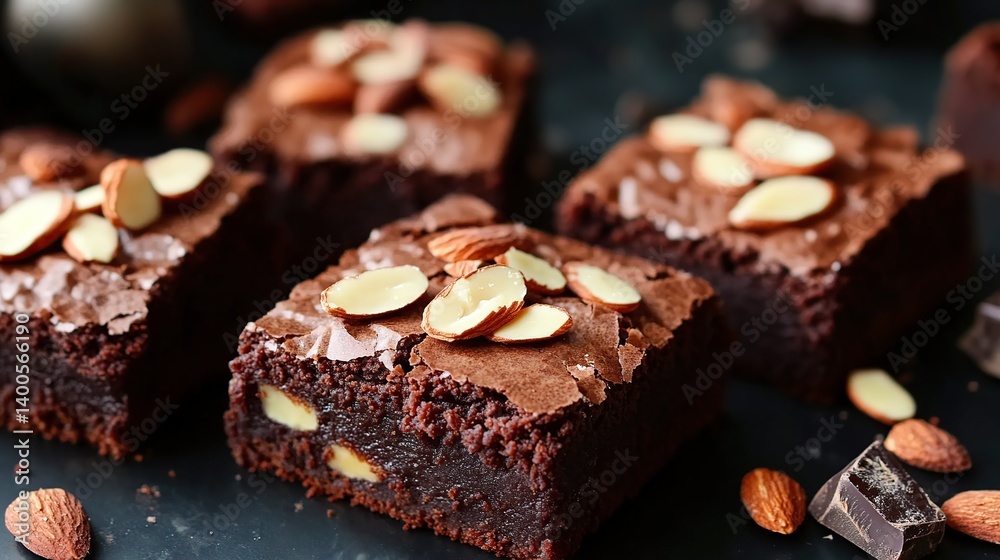 1Rich chocolate brownies with a dense fudge texture, topped with sliced almonds
