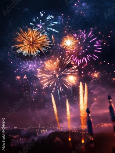 Explosive Firework Display in Night Sky Colorful Celebration