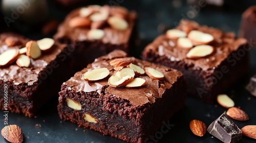 Obraz na płótnie 1Rich chocolate brownies with a dense fudge texture, topped with sliced almonds w salonie