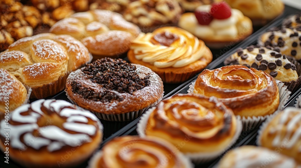 Delicious assortment of artisanal pastries and sweets displayed in a bakery setting Delicious assortment of artisanal pastries and sweets displayed in a bakery setting