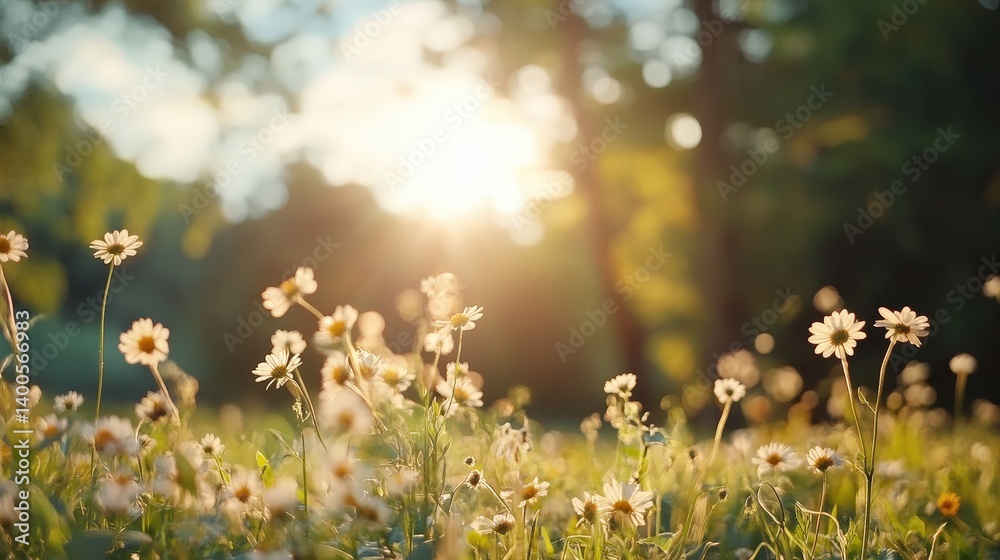 Obraz premium Sunlight Filters Through Trees on a Blooming Meadow Filled With Beautiful Wildflowers