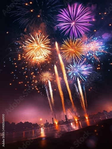 Fireworks Display Celebration in the Night Sky with Vibrant Colors and Dynamic Lighting