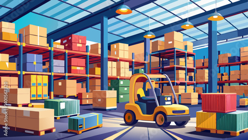 Busy warehouse with stacked boxes and a forklift navigating through aisles during the day