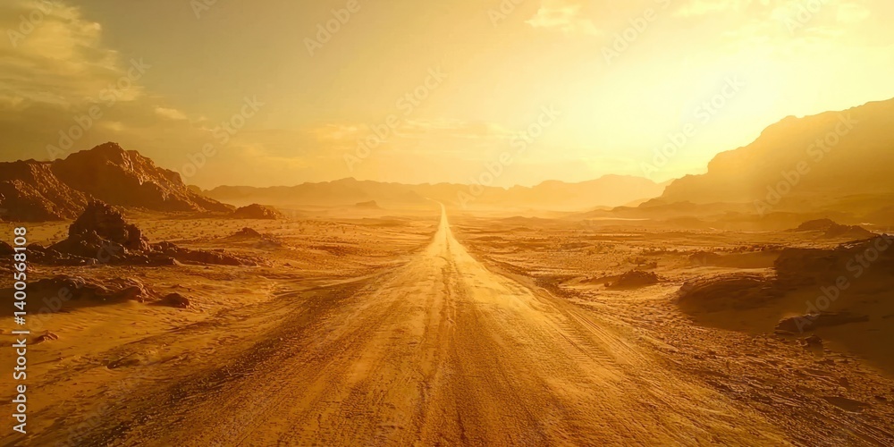 Fototapeta premium A long road in the desert with mountains in the background