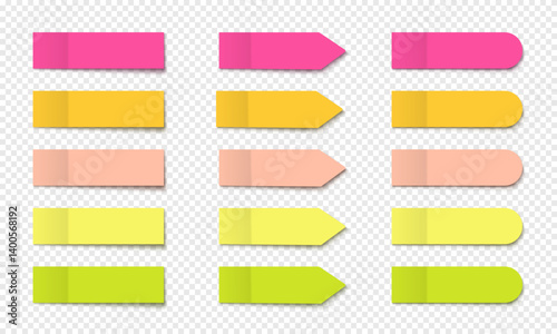 Vector collection colorful realistic sticky notes. Post note stickers template. Sticky paper tapes with shadow isolated on transparent background.