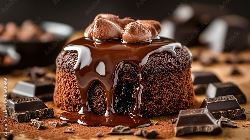 Chocolate lava cake with molten chocolate center, gooey chocolate center spilling out from the cake