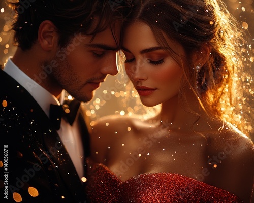 Glamorous Couple Celebrating in Elegant Attire with Sparkling Background at Luxurious Party