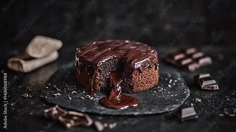 Chocolate lava cake with molten chocolate center, gooey chocolate center spilling out from the cake