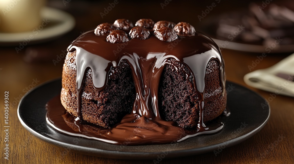 Chocolate lava cake with molten chocolate center, gooey chocolate center spilling out from the cake