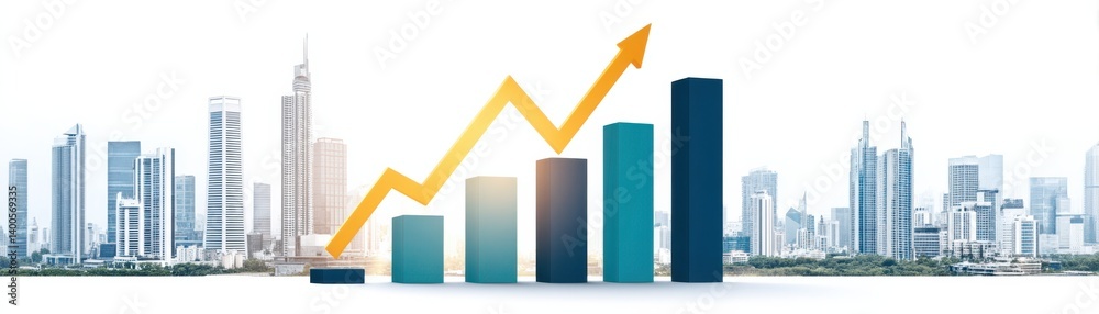 A city skyline with bar graphs and an upward arrow symbolizes economic growth and business success. A city skyline with bar graphs and an upward arrow symbolizes economic growth and business success.