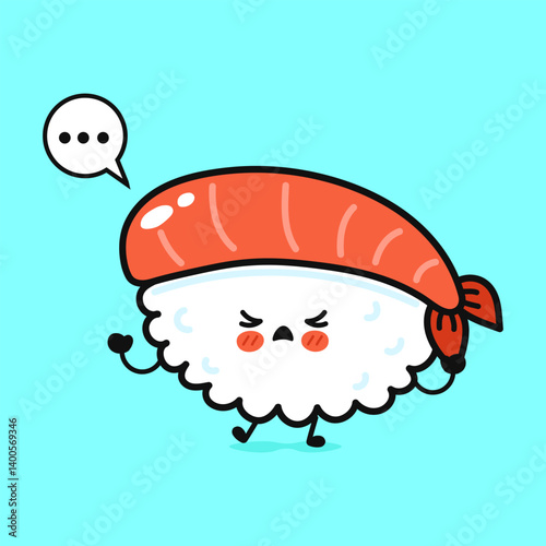 A cute, anthropomorphic sushi character with a speech bubble and a grumpy expression.