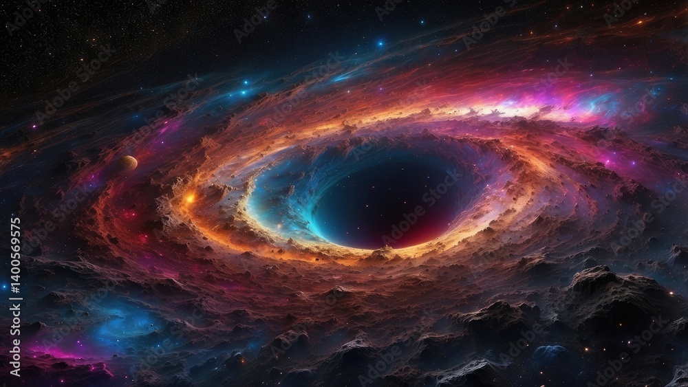 A dark black hole surrounded by a fiery, glowing accretion disk in space. A dark black hole surrounded by a fiery, glowing accretion disk in space.