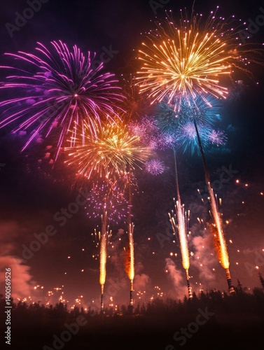 Explosive Night Sky Fireworks Display Celebration with Bright Colors and Dazzling Bursts for New Year Birthday Festivals and Events