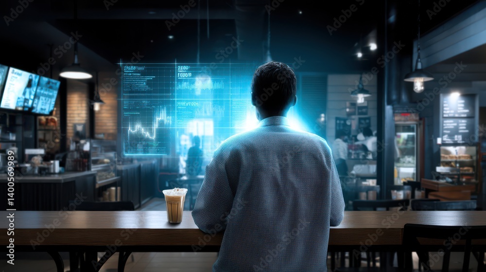 A person in a cafe interacts with a holographic interface displaying data and analytics, blending technology and a modern lifestyle. A person in a cafe interacts with a holographic interface displaying data and analytics, blending technology and a modern lifestyle.