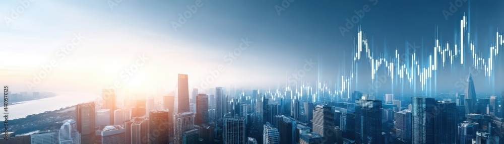 A panoramic city skyline at sunrise with skyscrapers and digital graphs, representing urban growth and economic trends. A panoramic city skyline at sunrise with skyscrapers and digital graphs, representing urban growth and economic trends.