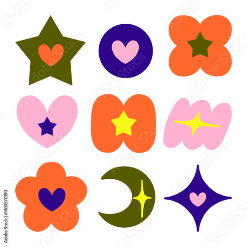 Cute Colorful Shape and Symbol. A collection of 9 cute colorful icons combining hearts stars and sparkles in fun geometric shapes perfect for kids designs and playful layouts