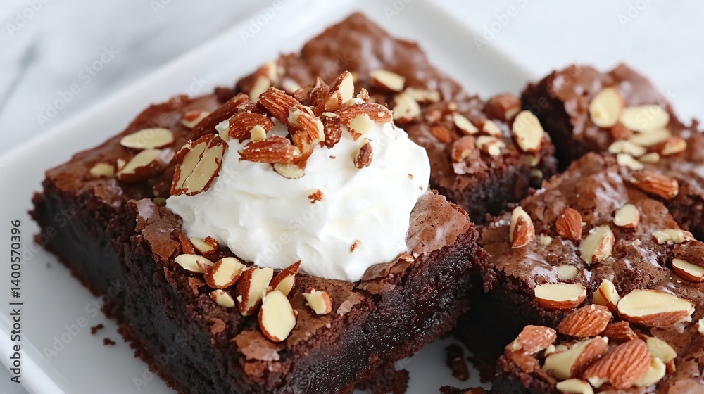 1Rich chocolate brownies with a dense fudge texture, topped with sliced almonds