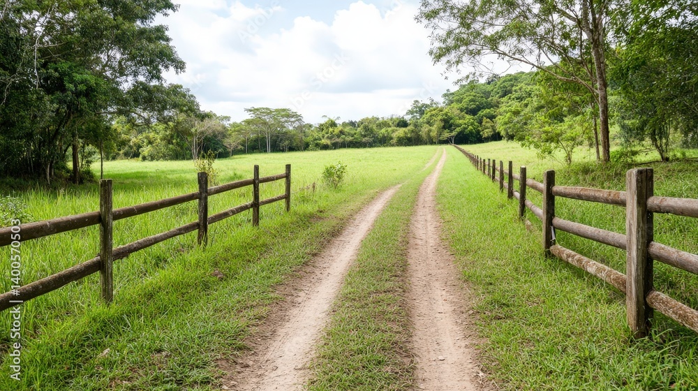 Serene Dirt Pathway Through Lush Green Fields Surrounded by Wooden Fencing and Trees Serene Dirt Pathway Through Lush Green Fields Surrounded by Wooden Fencing and Trees