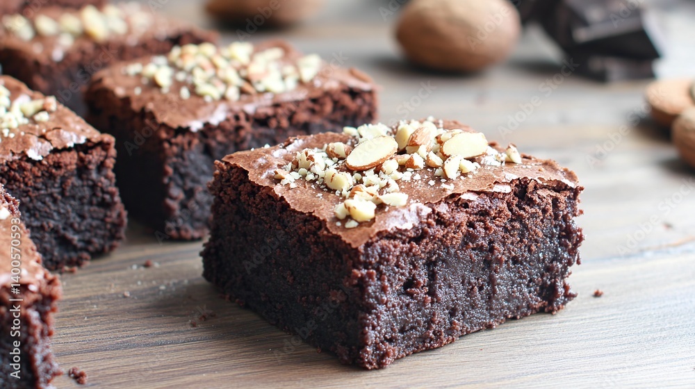 1Rich chocolate brownies with a dense fudge texture, topped with sliced almonds