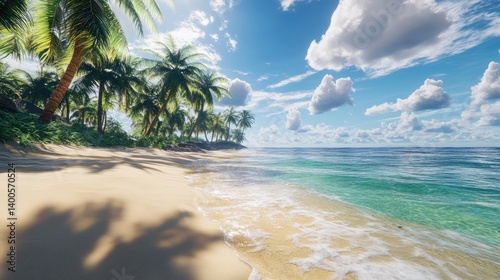 A serene beach scene with white sand, gentle waves