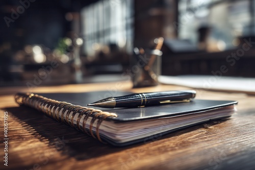 Black spiral notebook with a luxury pen resting on a wooden desk in a cozy, softly lit office space. Perfect for business visuals, organization, planning, and professional lifestyle projects.