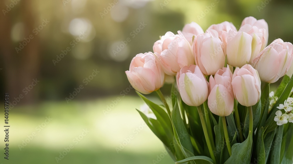 Fototapeta premium Elegant Pink Tulips in a Lush Green Background Captivating Spring Floral Arrangement