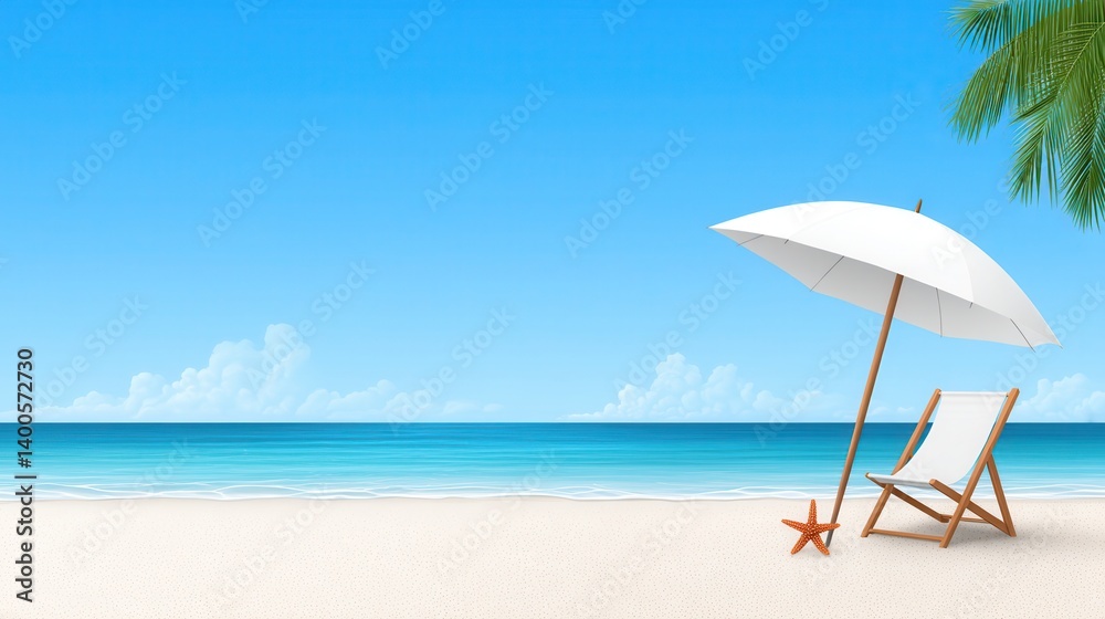 A serene beach scene featuring a white umbrella, a deck chair, and a clear blue sky, inviting relaxation by the ocean. A serene beach scene featuring a white umbrella, a deck chair, and a clear blue sky, inviting relaxation by the ocean.