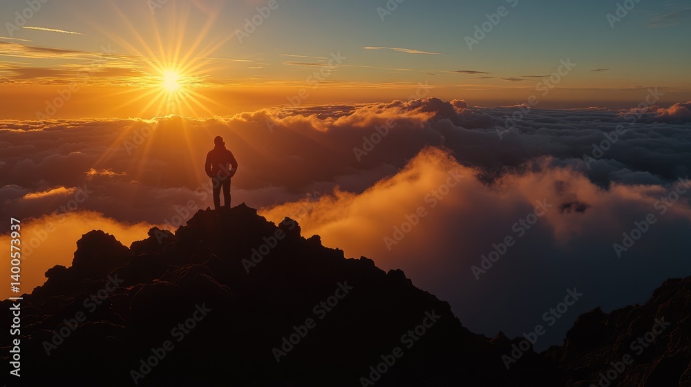 A silhouette of a person stands triumphantly atop a rugged mountain peak A silhouette of a person stands triumphantly atop a rugged mountain peak